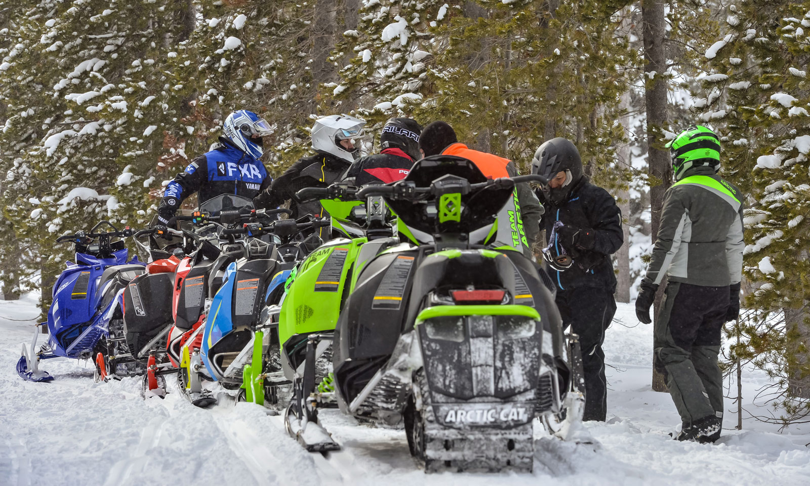 Line of snowmobiles showing their tracks