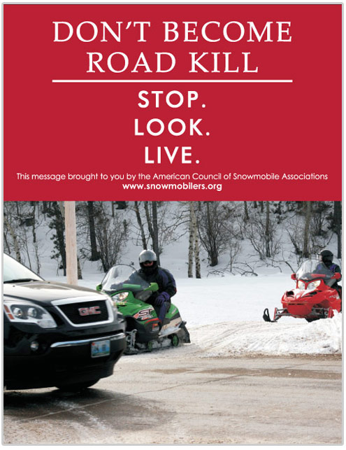 Snowmobile safety poster regarding snowmobiling near roads