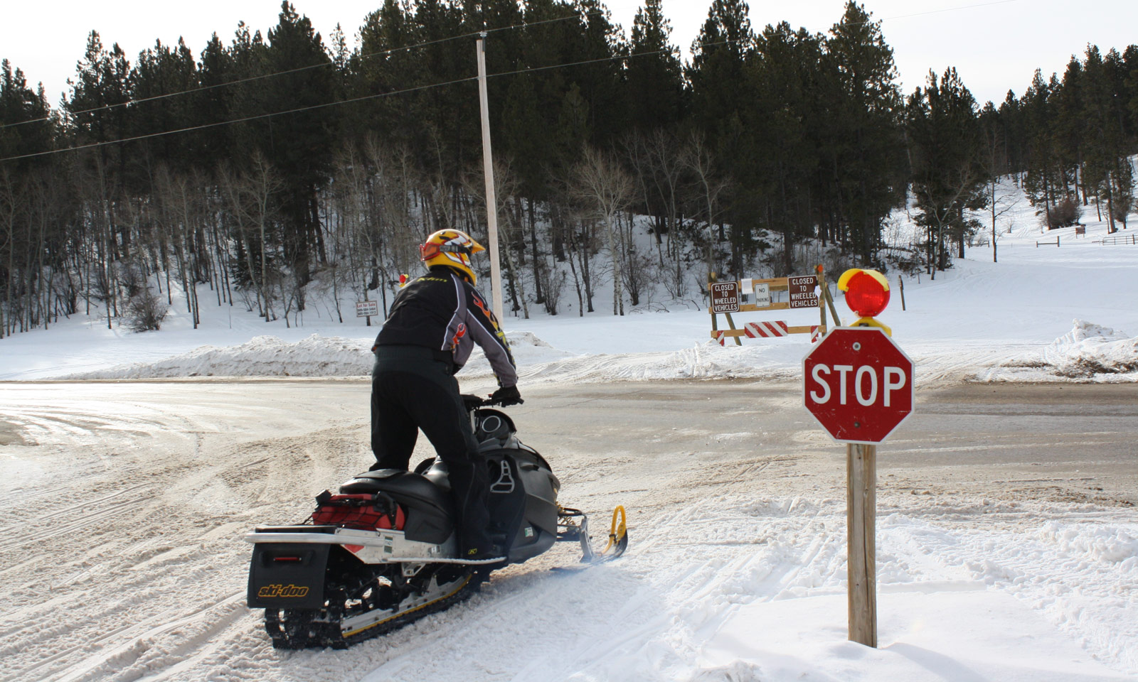 Sledder approaching road intersection